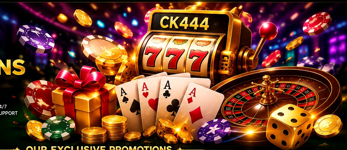 রঙিন CK444 casino scene with slot machine, roulette, cards, chips, dice and gift box